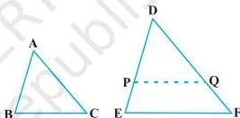 Triangles 6 Class 10: NCERT Maths Chapter 6 PDF Two triangles ABC and DEF with points P and Q cut on sides so that DP equals AB and DQ equals AC, the construction used to prove the AAA similarity criterion