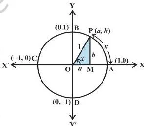 Trigonometric Functions Class 11 Formulas Unit circle with quadrantal points A, B, C and D showing how coordinates define sine and cosine