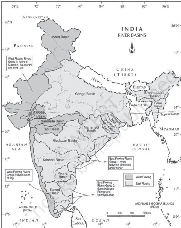 Map of India showing the country's river basins, with the large Ganga, Brahmaputra and Barak basins covering about one-third of the landmass