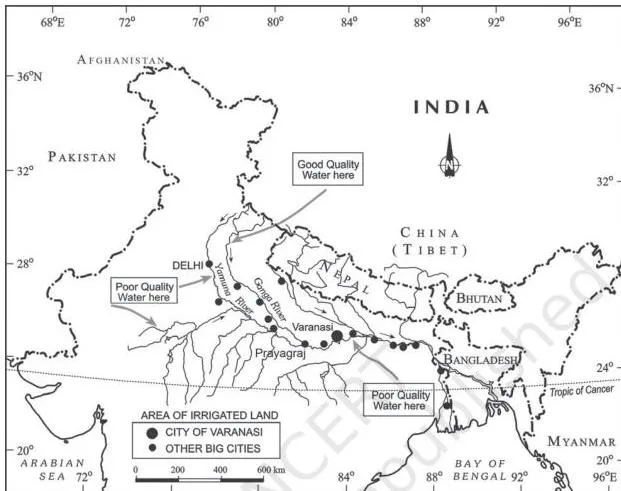 Map of the Ganga river and its tributaries with the towns located on their banks marked on it, used for tracing the cities that drain waste into the river