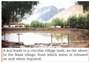 A traditional kul channel leading to a circular village tank in Kaza, with water released from the tank as and when required for irrigation
