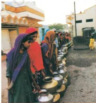 Composite illustration of water scarcity showing a dry landscape and people managing with limited water, the everyday shortage the chapter sets out to explain