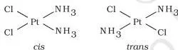 Werner's Theory of Coordination Compounds Class 12 PDF Square planar Pt(NH3)2Cl2 drawn twice: cis with the two chloride ligands on adjacent corners and trans with them on opposite corners